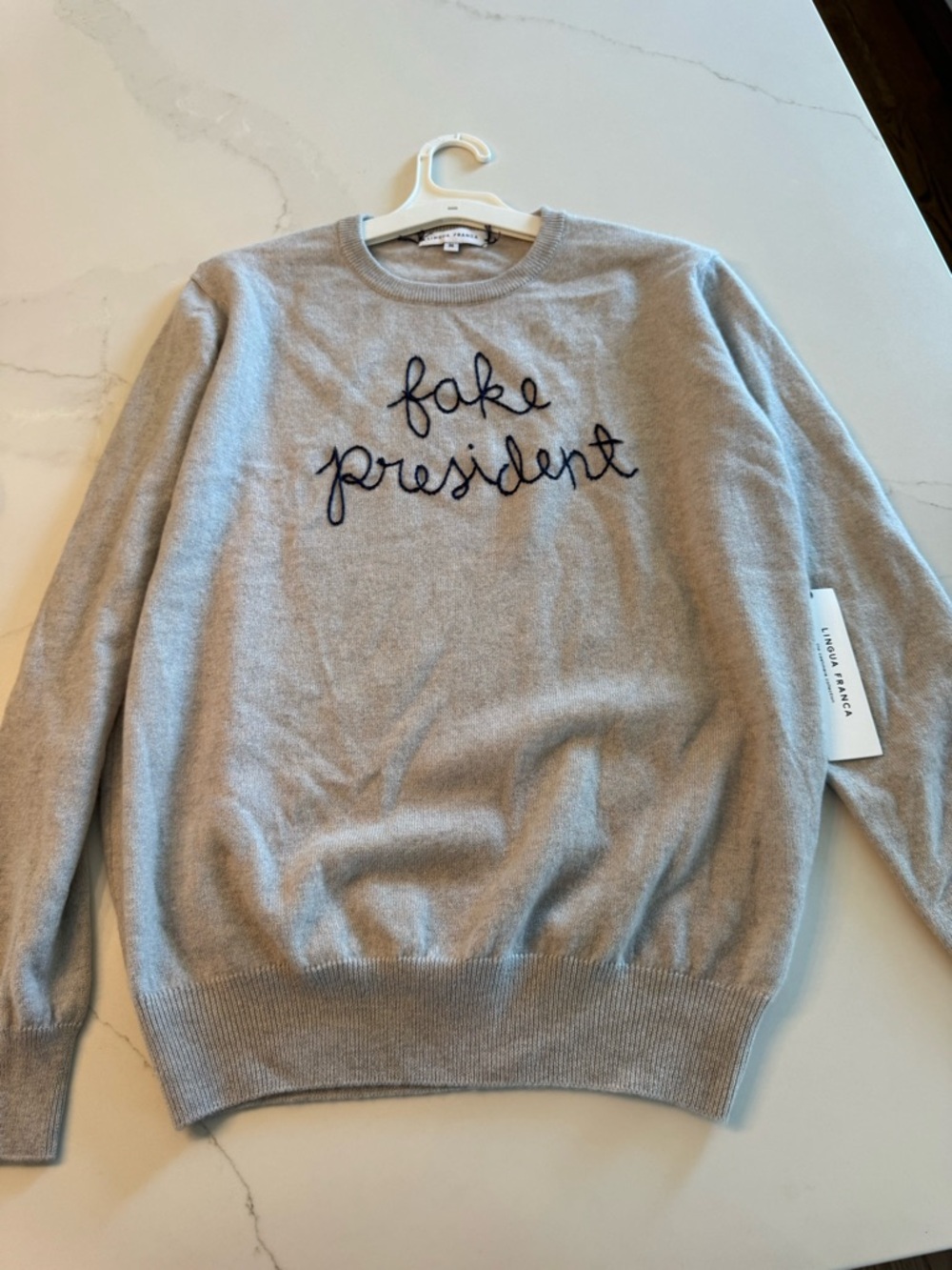 Lindsey Ivory Gray 'fake president' Embroidered Crewneck Sweater